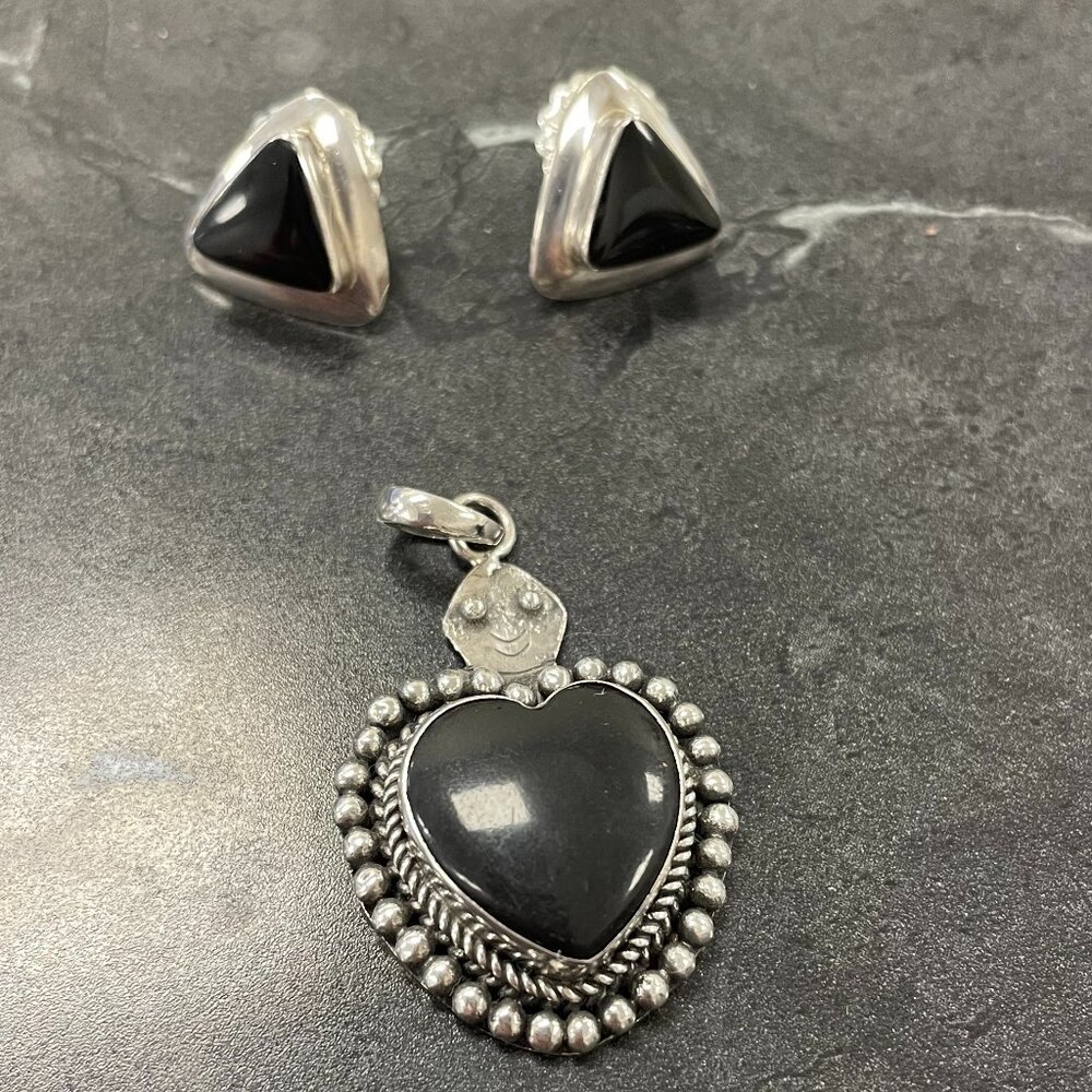 Sterling Silver and Onyx Pendant and Earring Set